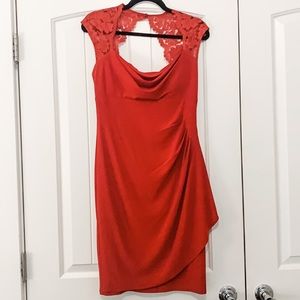 Cache Red Lace Sheath Cocktail Dress Size 6 Cap Sleeve Ruched Wedding Guest
